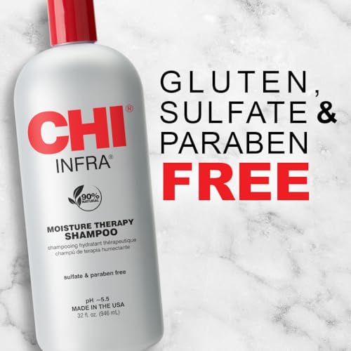 CHI Infra Shampoo bottle tilted, shows hydrating formula for moisture and shine.