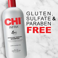 CHI Infra Shampoo bottle tilted, shows hydrating formula for moisture and shine.