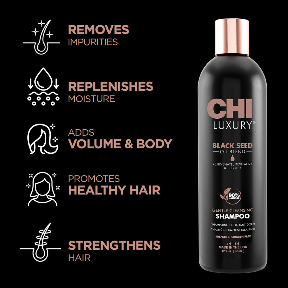 CHI Shampoing Nigelle Luxe – mousse dense, texture veloutée pour plus de volume.