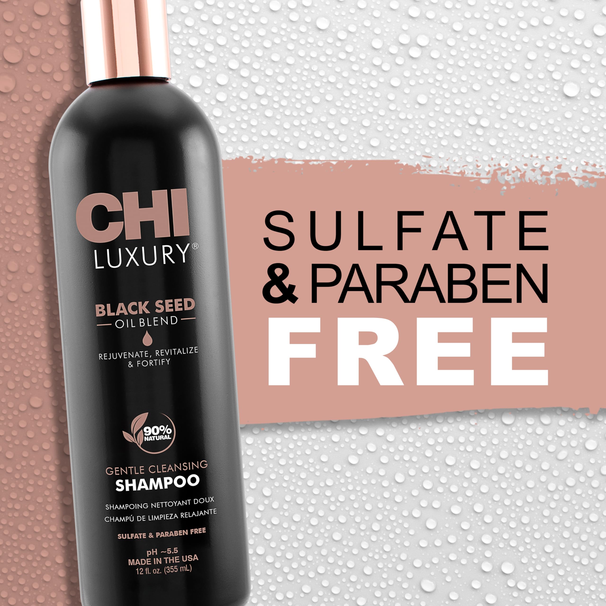 CHI Shampoing Nigelle Luxe – application facile sur cheveux humides pour rinçage clair.