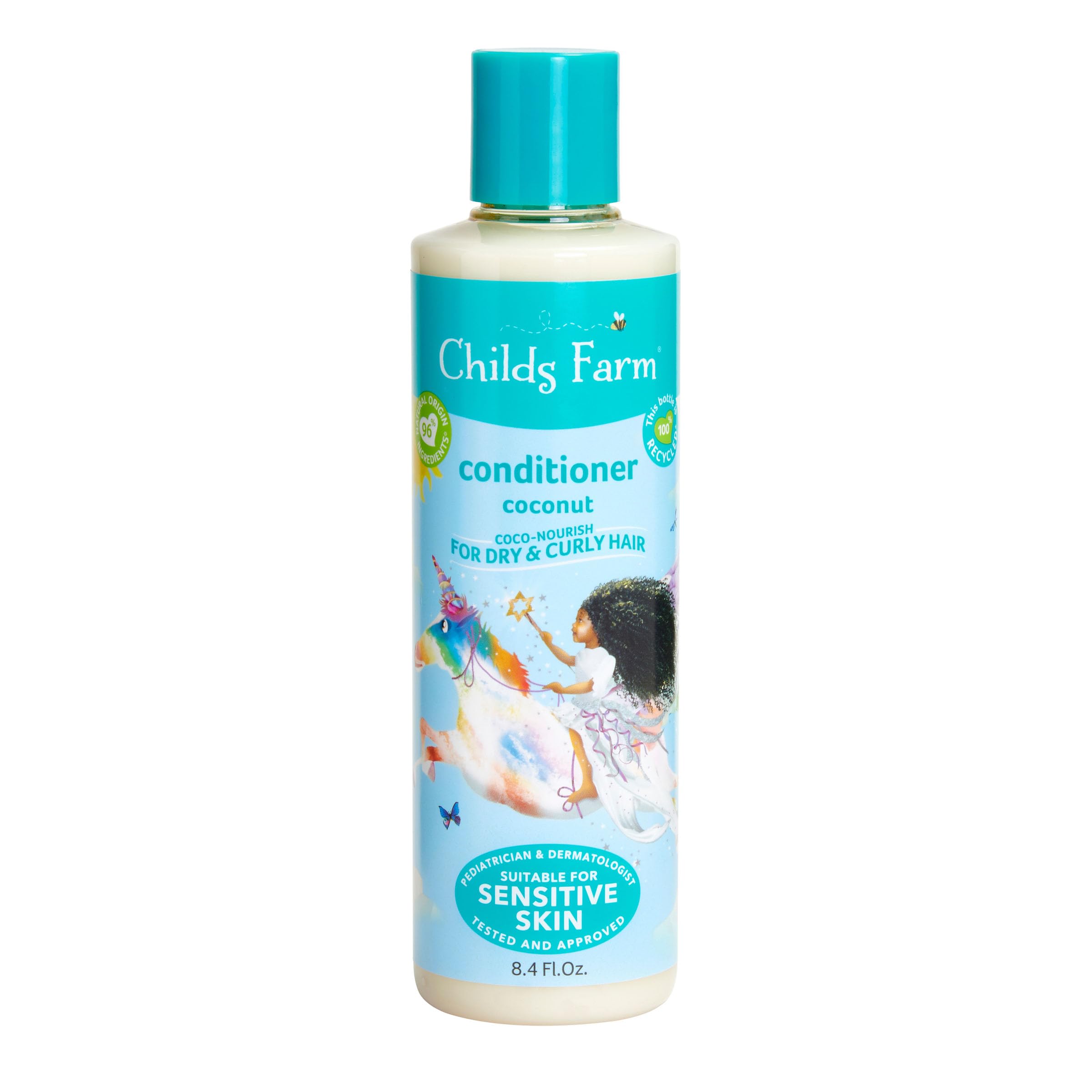 Childs Farm présente sa bouteille d'apres-shampooing coco-nourish pour les cheveux bouclés des enfants.