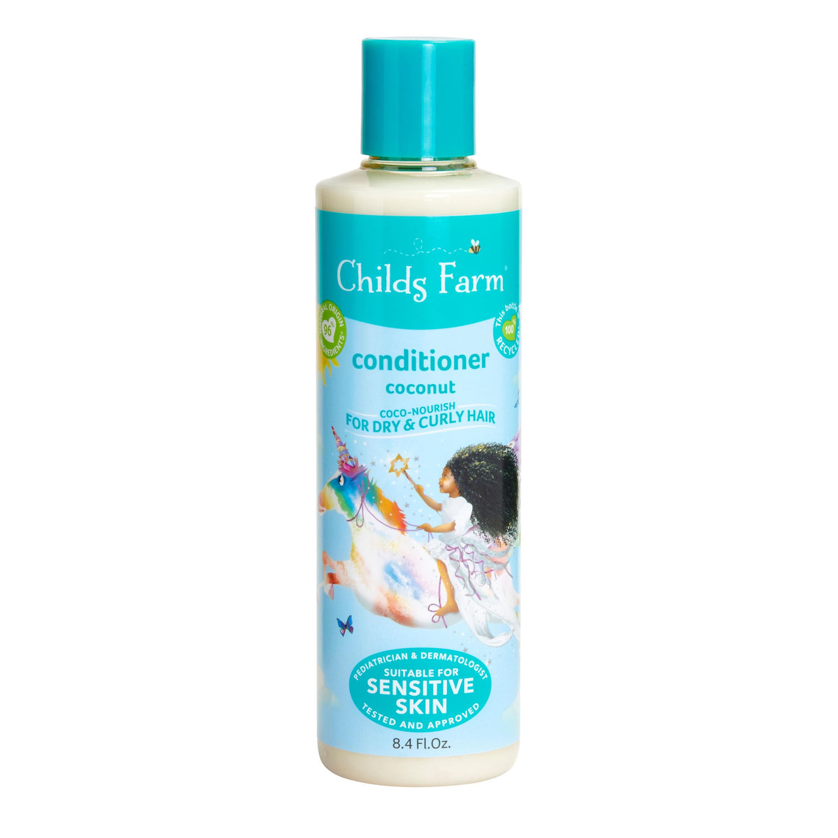 Childs Farm présente sa bouteille d'apres-shampooing coco-nourish pour les cheveux bouclés des enfants.