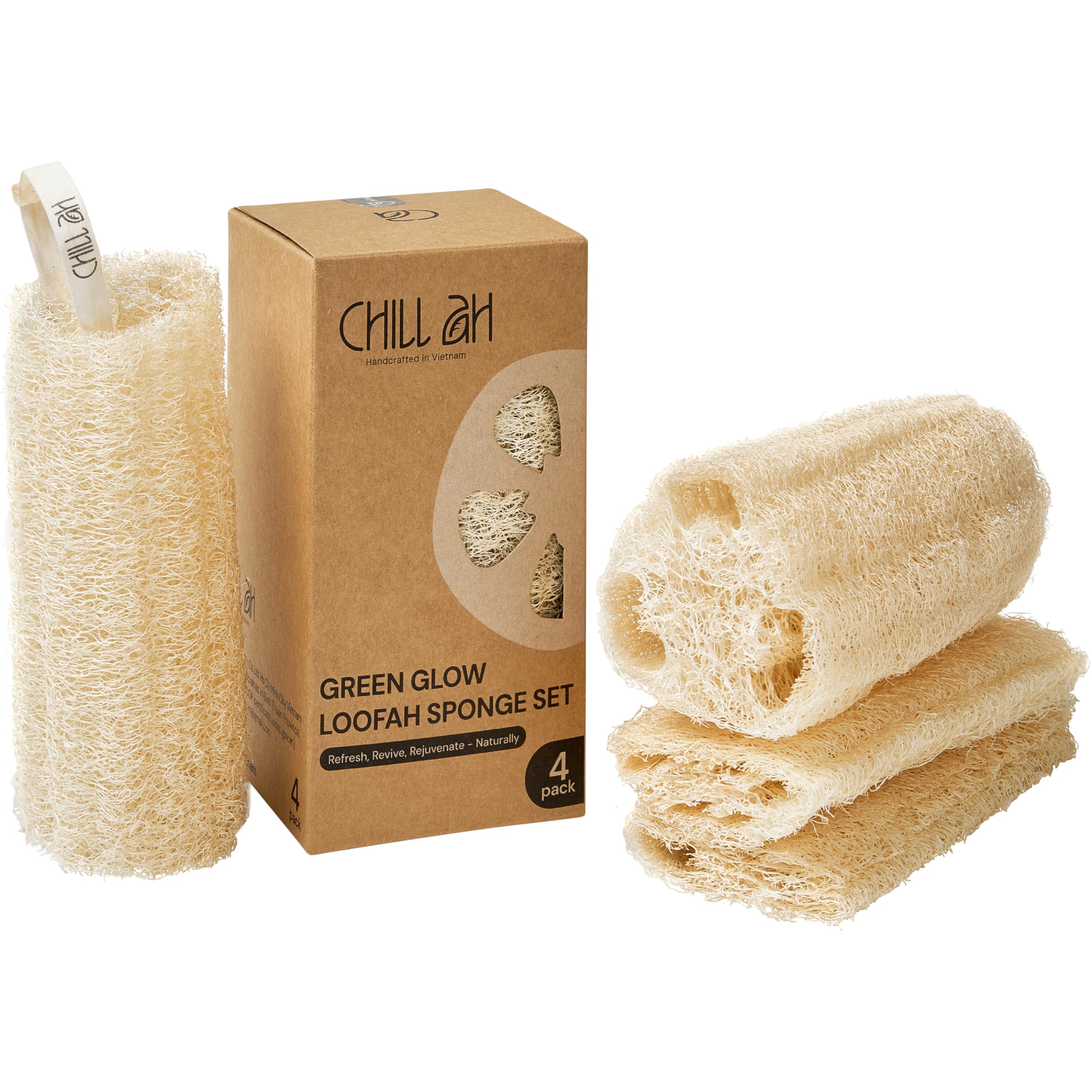 Éponge louffe Chill Ah – ensemble 4-pack avec emballage écoresponsable prêt à offrir.
