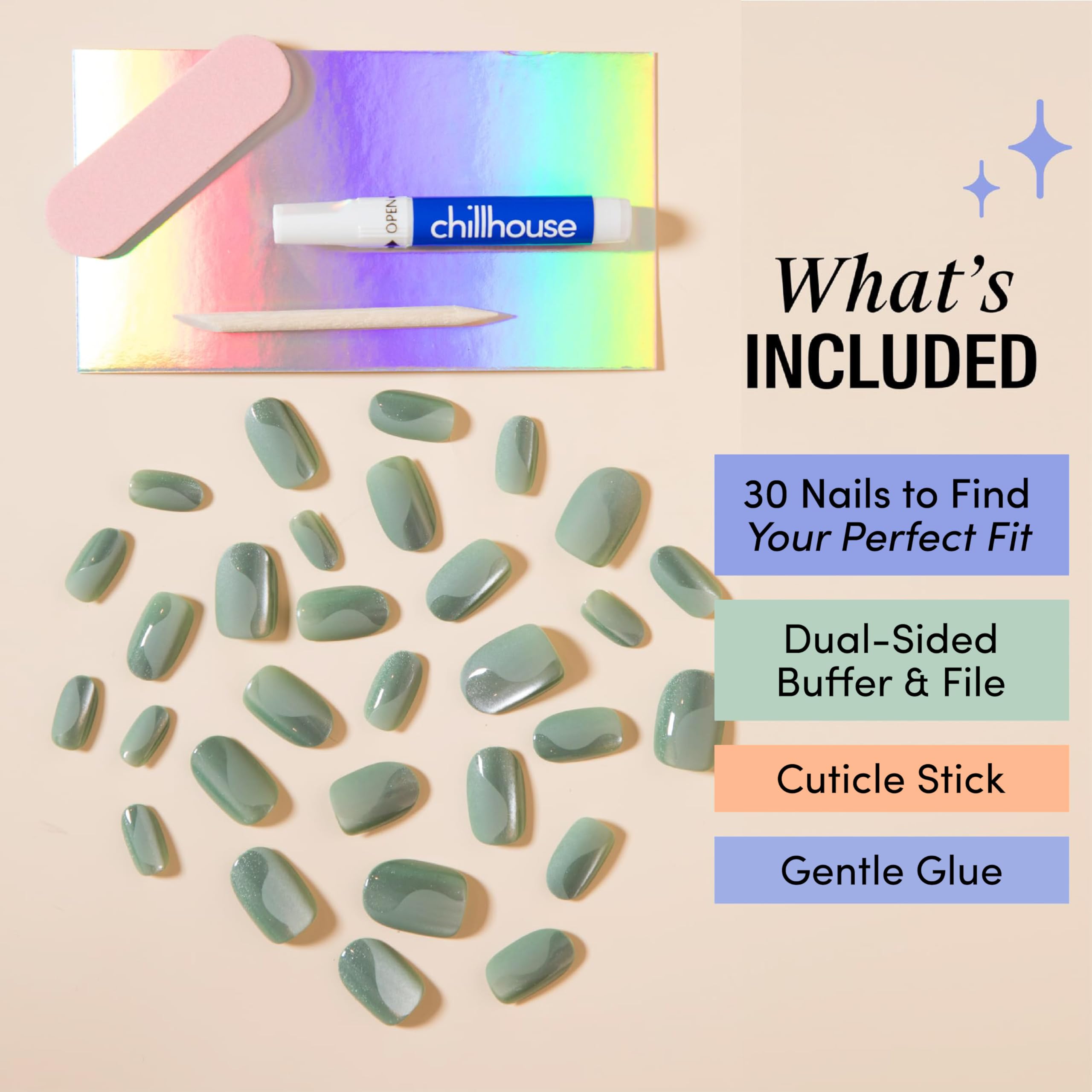 Chillhouse Tampon-double-face et lime pour une finition nette.