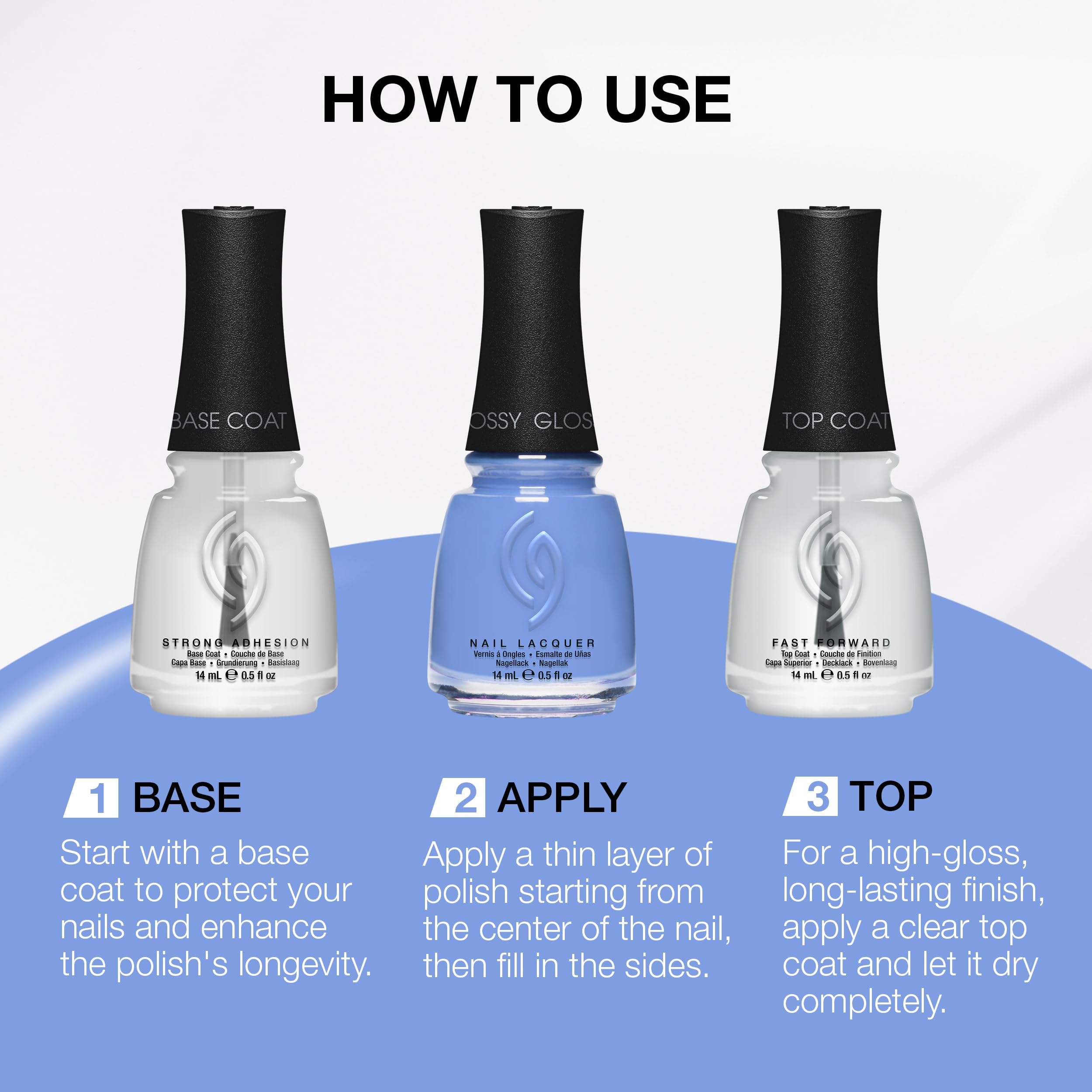 Finition brillante Boho Blues sur ongles secs et propres.