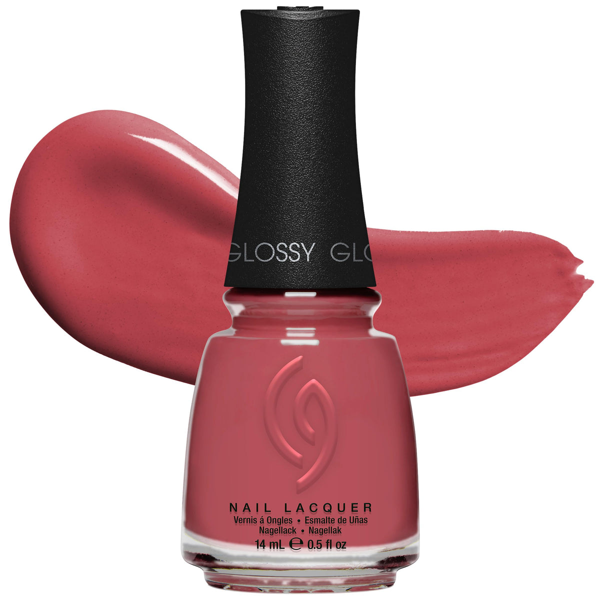 Vernis China Glaze Fifth Avenue sur bouteille, couleur rose poussière éclatante.