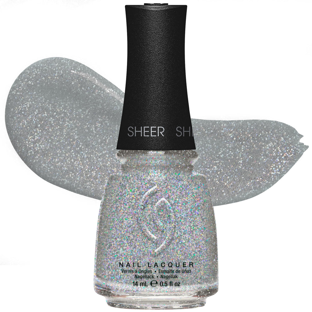 China Glaze Fairy Dust vernis argenté scintillant dans flacon élégant.
