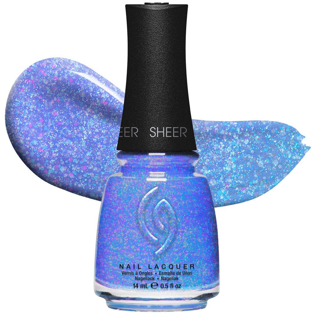 China Glaze Good Luxe Charm - Bouteille avec paillettes periwinkle, effet lumineux.