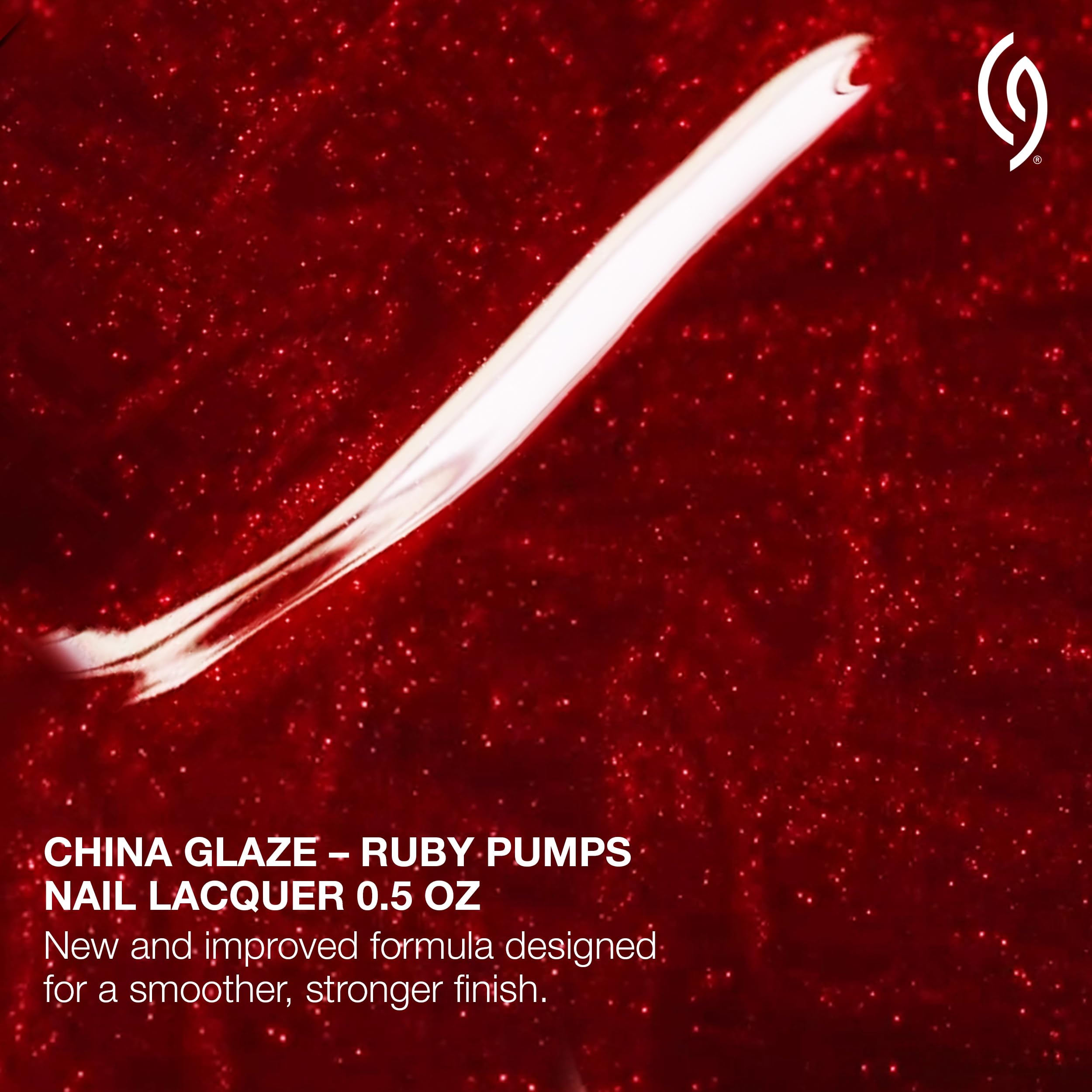 China Glaze Ruby Pumps paillettes fines réhaussant le rouge profond.