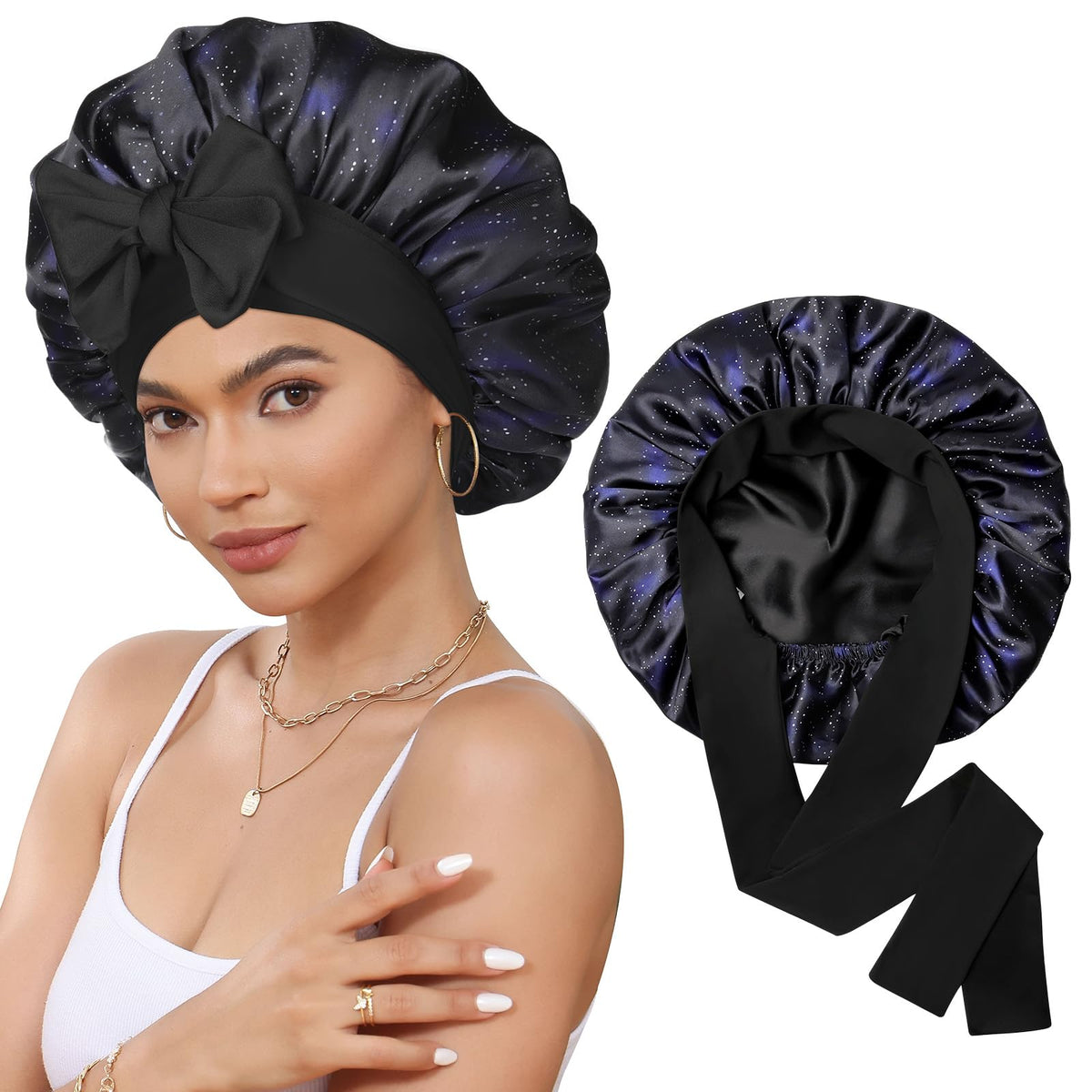 CHLINS bonnet satin double couche pour dormir, protection nocturne des cheveux