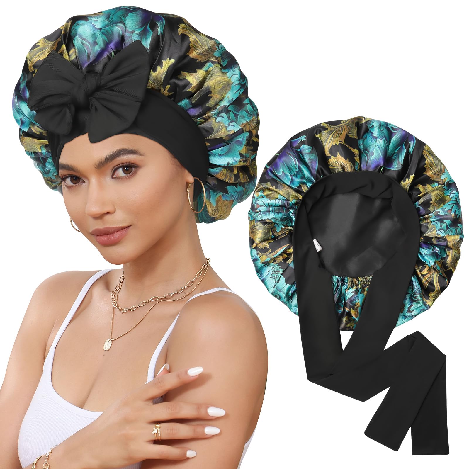 CHLINS bonnet en satin pour dormir, double couche et maintien confortable toute la nuit.