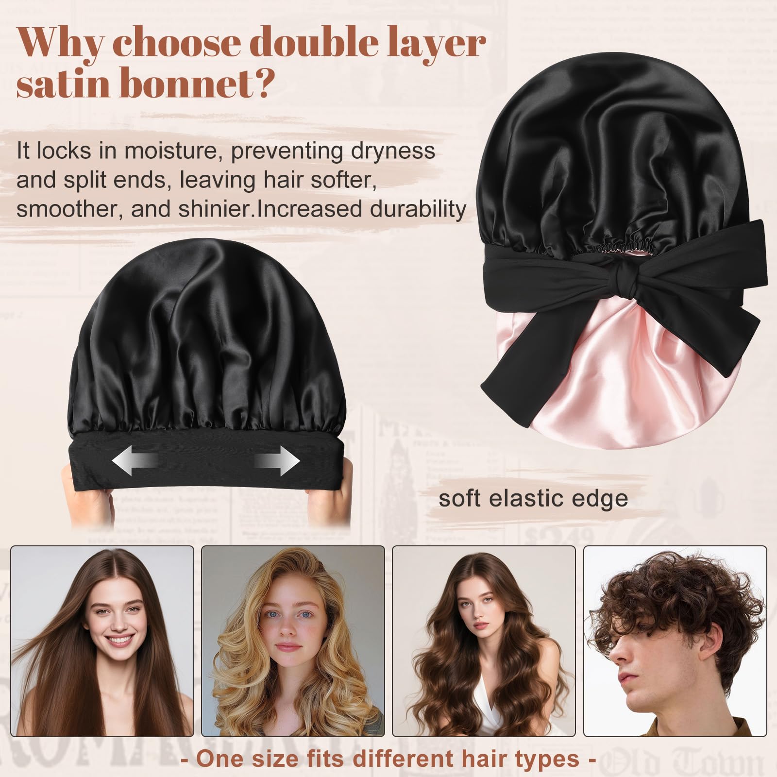CHLINS bonnet satin double-couche, protection capillaire nocturne durable.