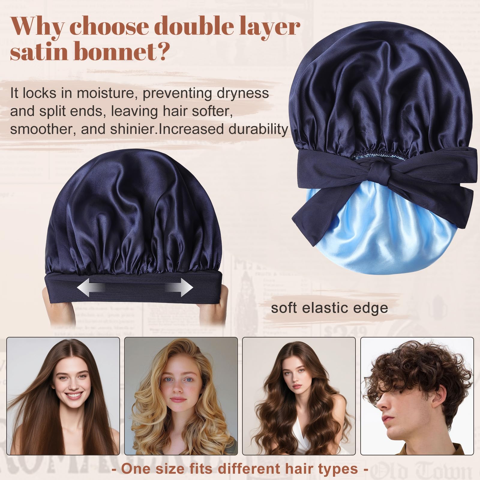 CHLINS bonnet satin bleu marine et bleu clair maintient les cheveux doux