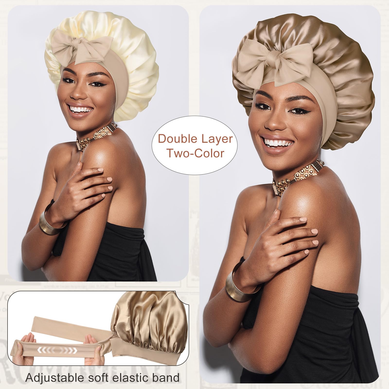 CHLINS bonnet satin nuit double-couche, protection douce des cheveux