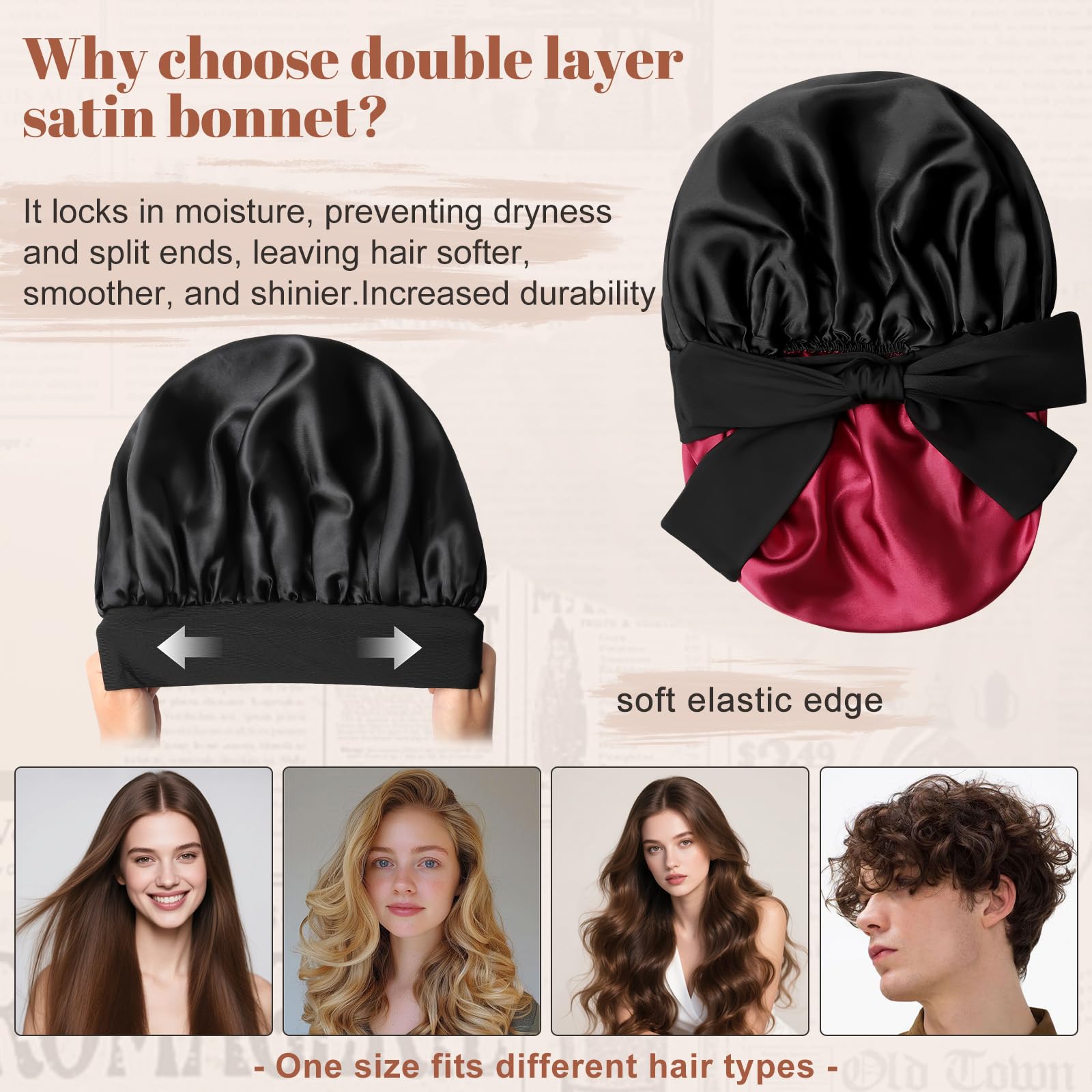 CHLINS bonnet satin porté sur la tête, protection durable des cheveux pendant la nuit.
