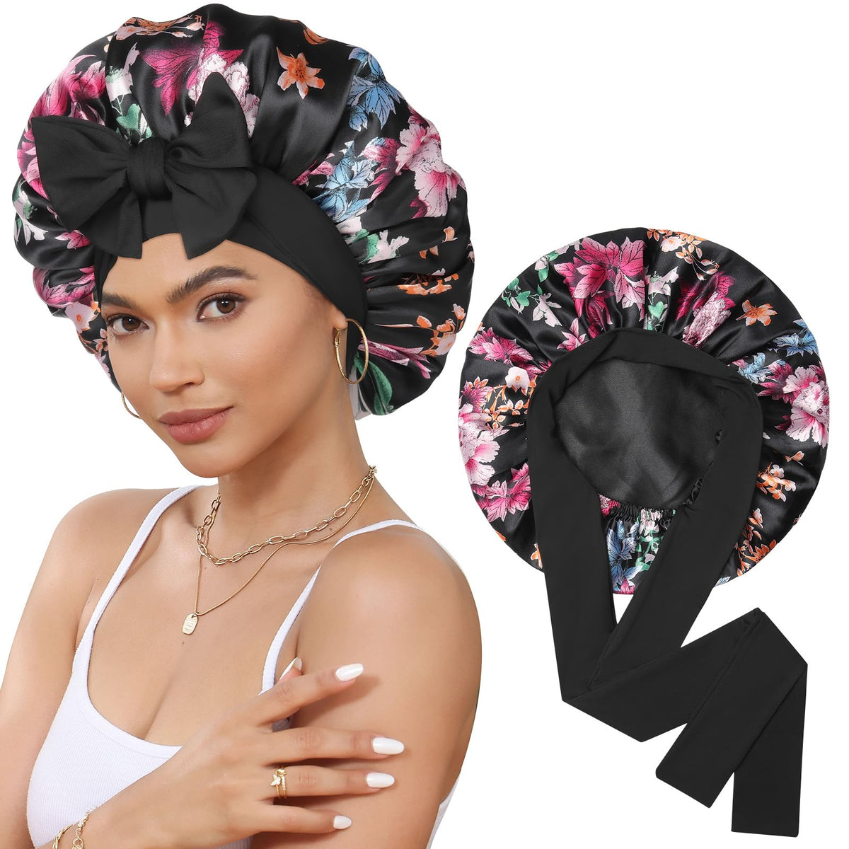CHLINS bonnet satin dormeur double couche, protection nocturne des cheveux.
