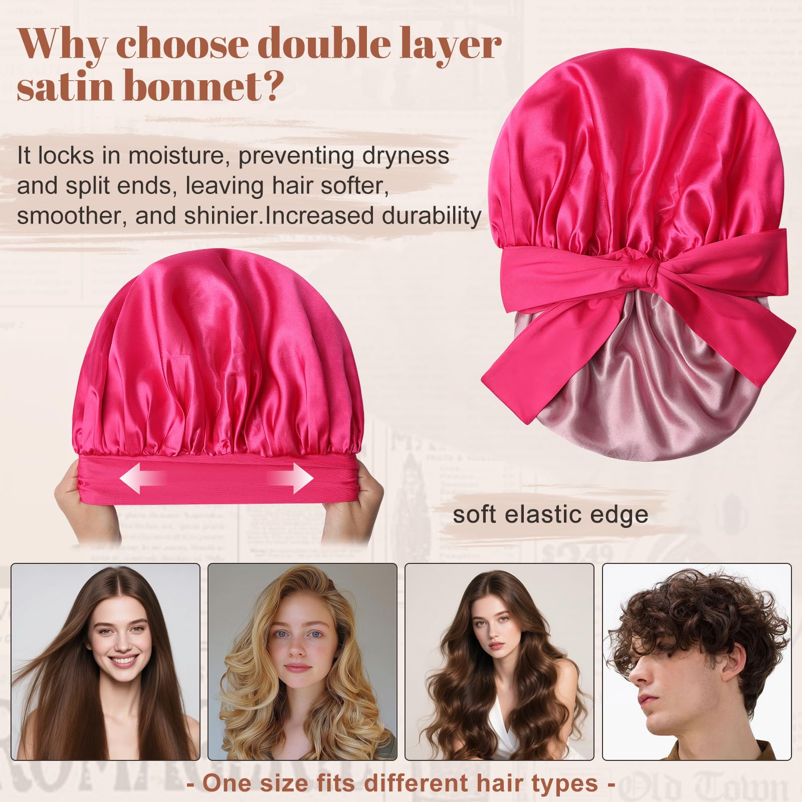 CHLINS bonnet satin, reste en place toute la nuit, réduit les frisottis et la déshydratation