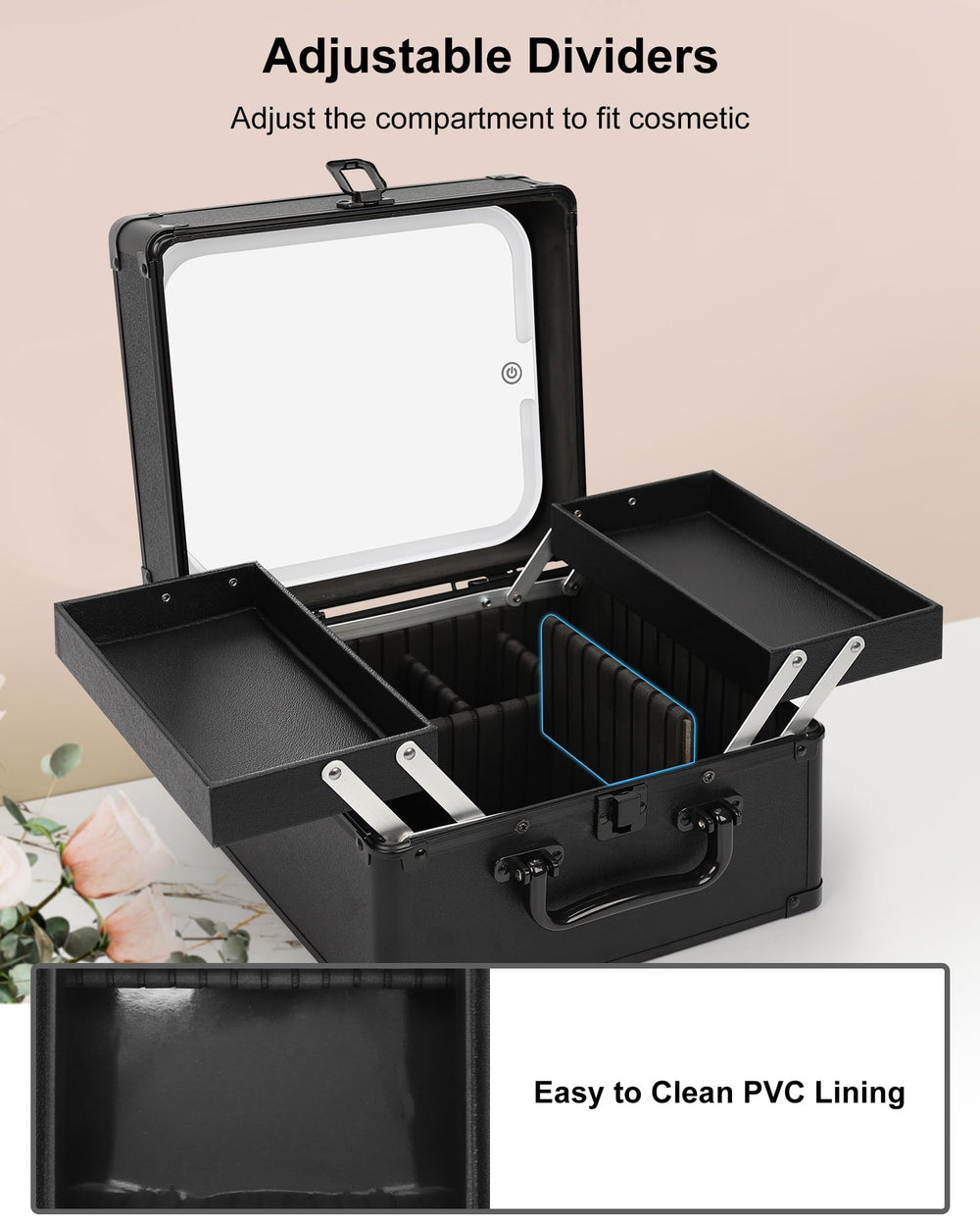Trousse Chomeiu avec deux plateaux ajustables pour organiser cosmétiques et pinceaux.