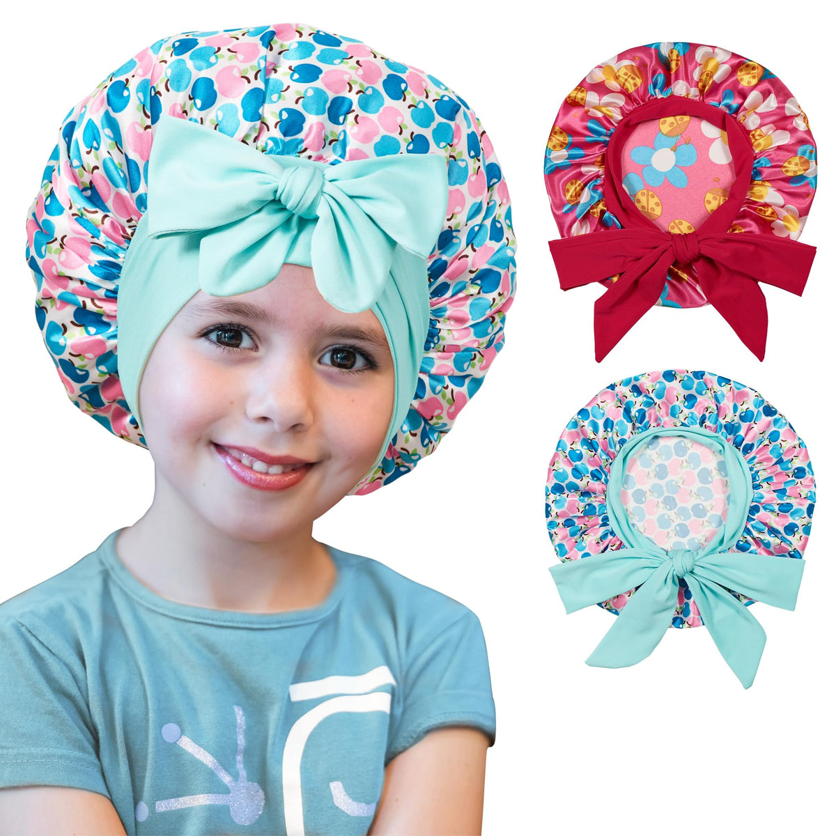 Bonnet choshion en soie rose pour enfant, protège les boucles et réduit les frottements.
