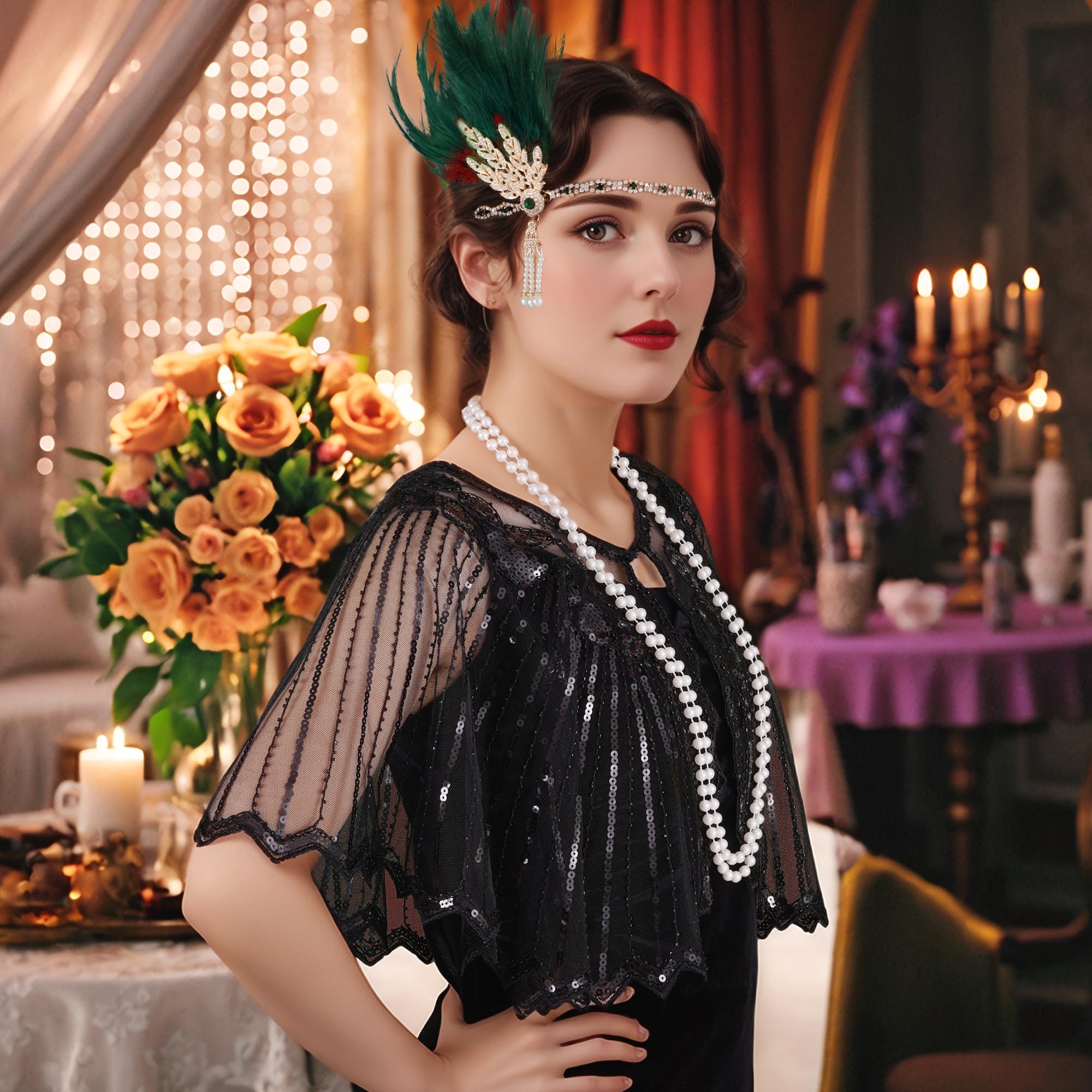 Bandeau plume verte Choyaxo avec strass, brillance en soirée.