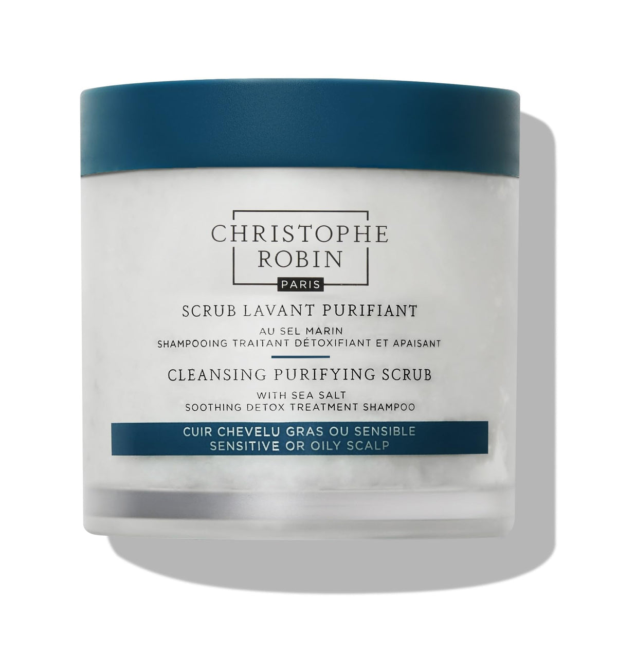 Gommage purifiant Christophe Robin au sel de mer, exfoliation en douceur pour racines propres.