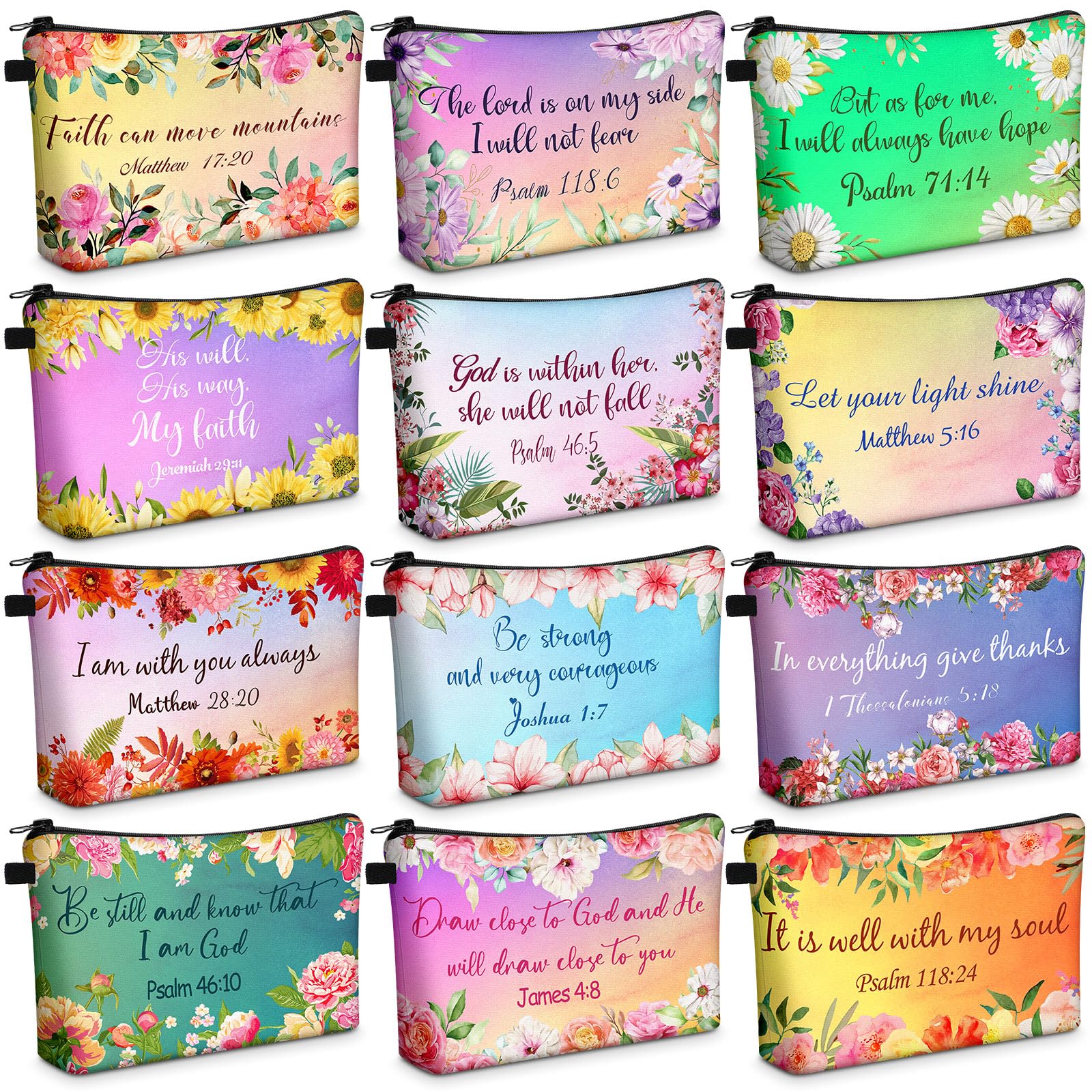 Pochette Chunful: 12 trousses cosmétiques chrétiennes, versets et fleurs colorées, parfaites pour l'organisation.