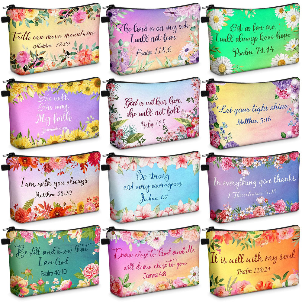 Pochette Chunful: 12 trousses cosmétiques chrétiennes, versets et fleurs colorées, parfaites pour l'organisation.