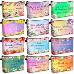 Pochette Chunful: 12 trousses cosmétiques chrétiennes, versets et fleurs colorées, parfaites pour l'organisation.