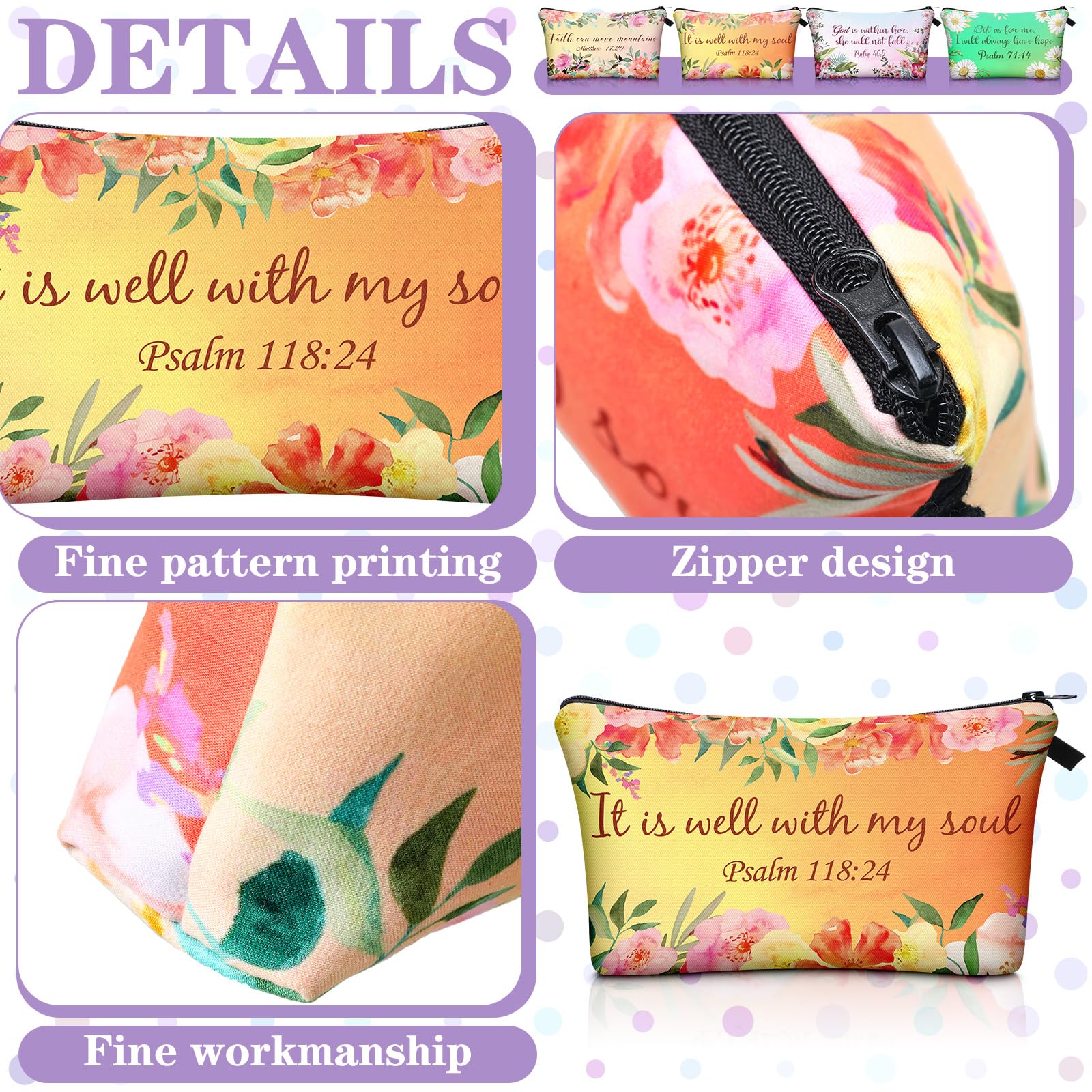 Trousse Chunful: verset biblique et motif floral lumineux, pratique à glisser dans le sac.