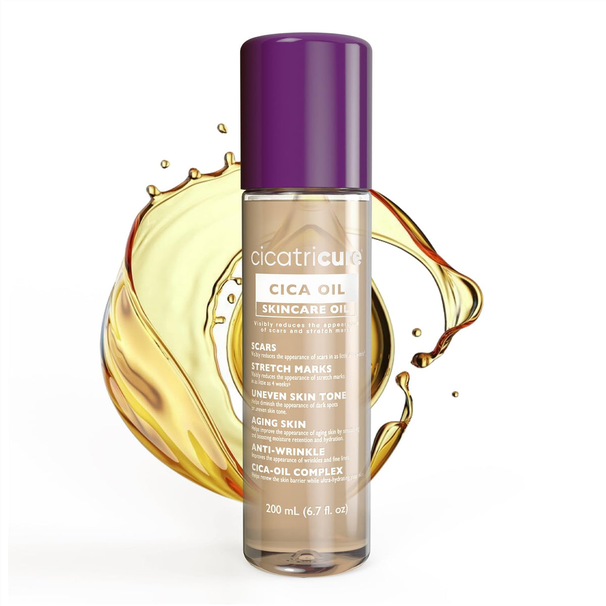 Cicatricure Cica Oil bottle focused on stretch marks with fast-absorbing hydration