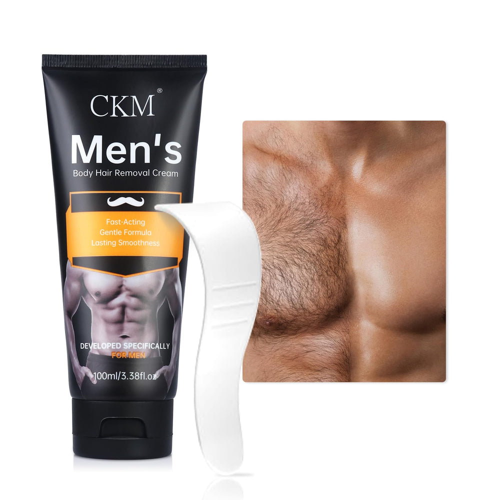 CKM Crème dépilatoire pour homme, application avec spatule pour une expérience pratique et rapide.