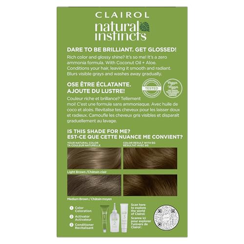 Kit coloration Clairol avec creme colorante et activateur, application simple.