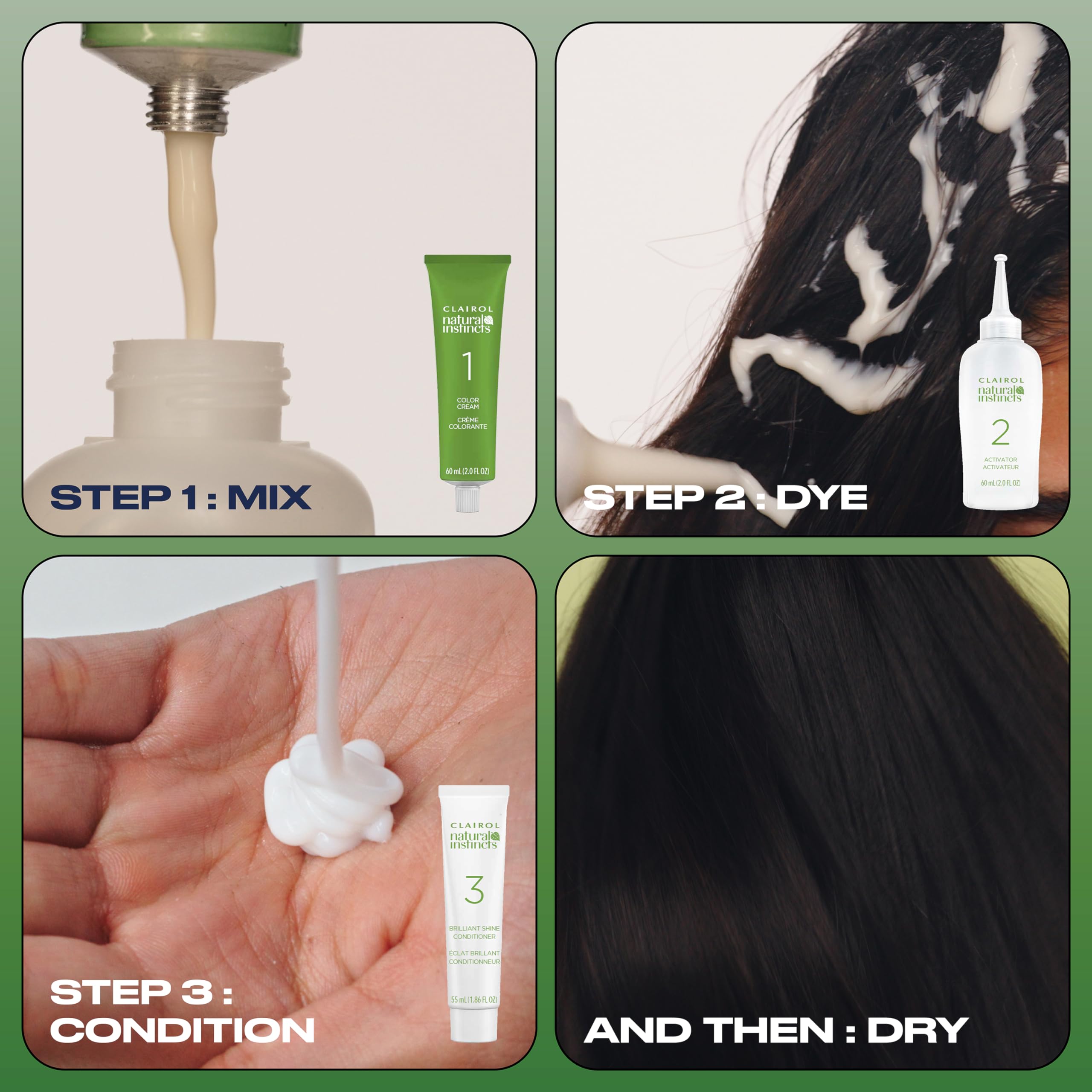 Clairol Natural Instincts: mélange et teinture en 3 étapes simples.