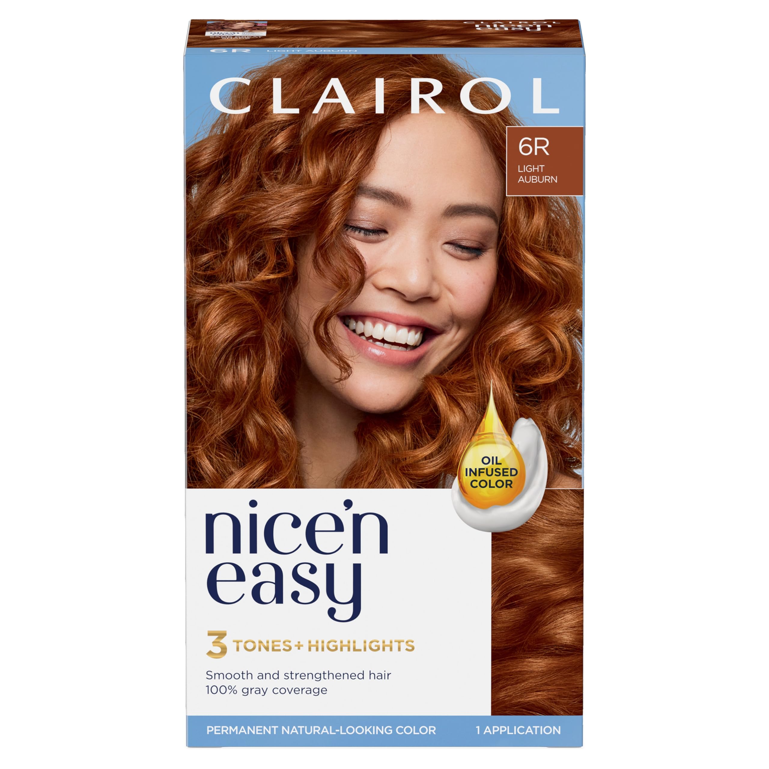 Clairol Nice'n Easy 6R, bouteille montrant la teinte naturelle et la couverture des gris