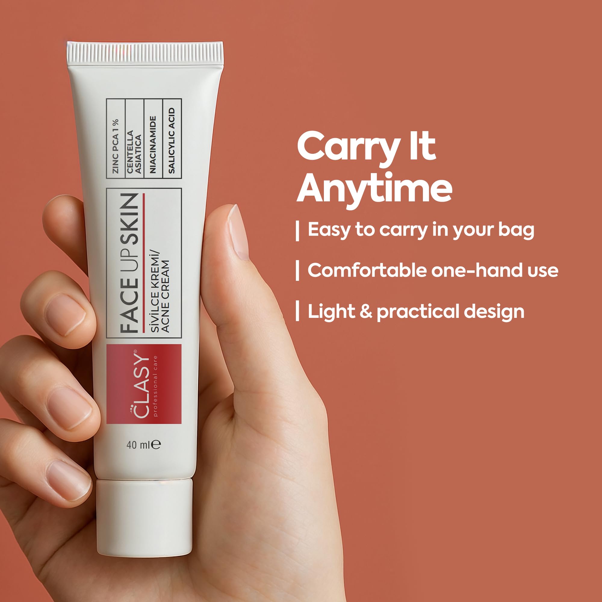 Niacinamide et Centella dans Crème Clasy Care Acne atténuent les cicatrices.