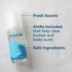 Brume corporelle Clean Age Waves, flacon spray, fragrance frais après l'entraînement.