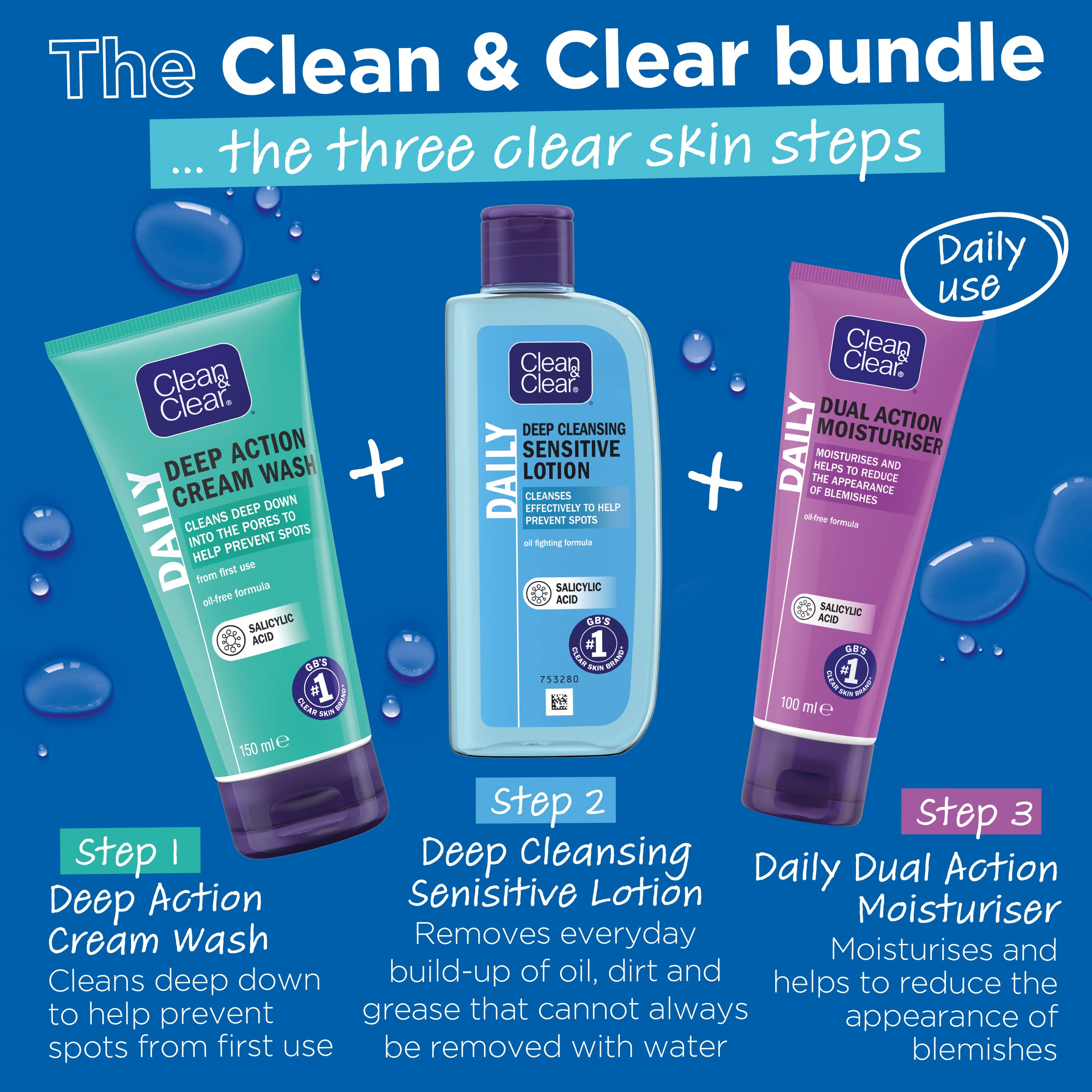 Clean & Clear sur étagère, routine quotidienne sans rinçage.