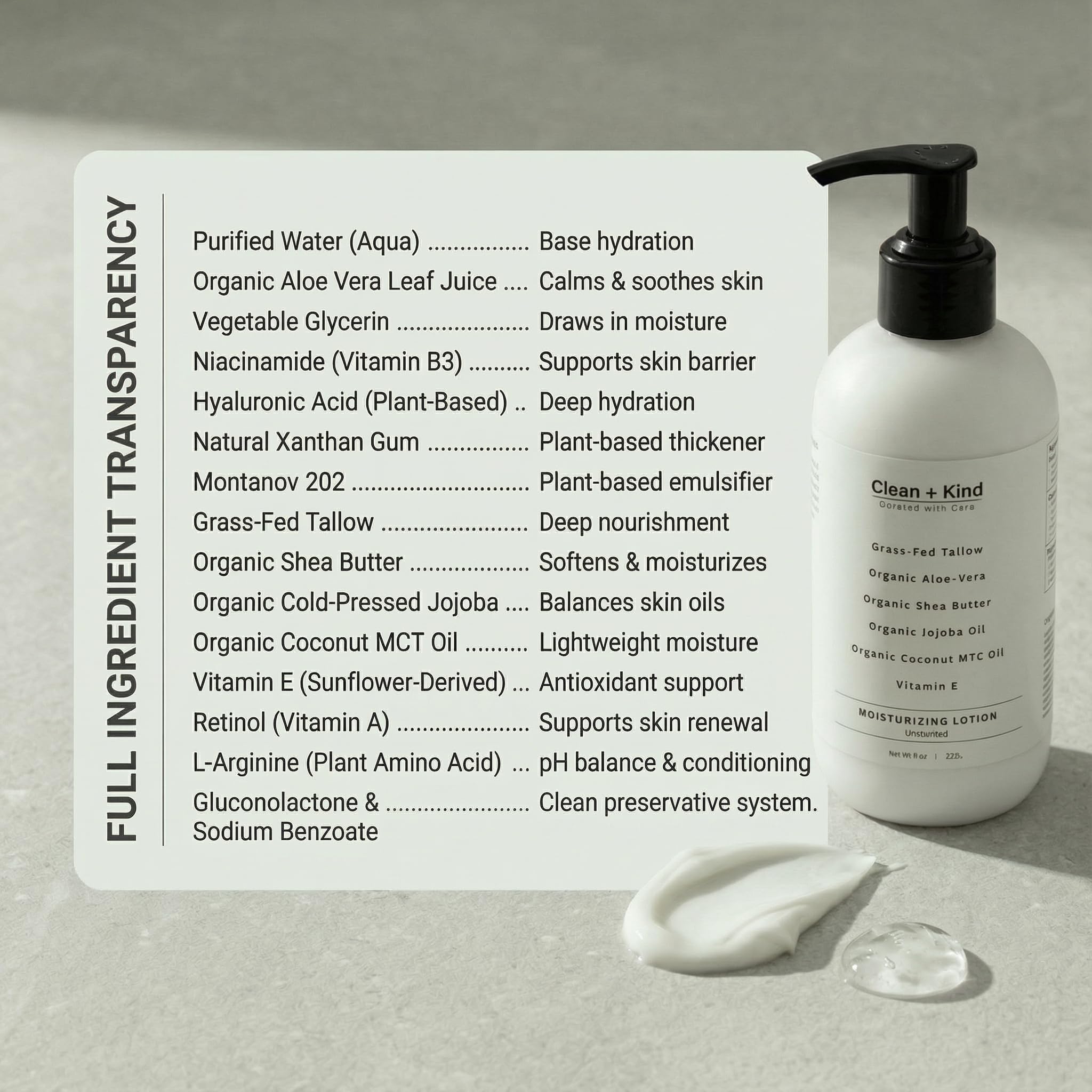 Étiquette sans parfum Clean + Kind, idéal pour tous types de peau.
