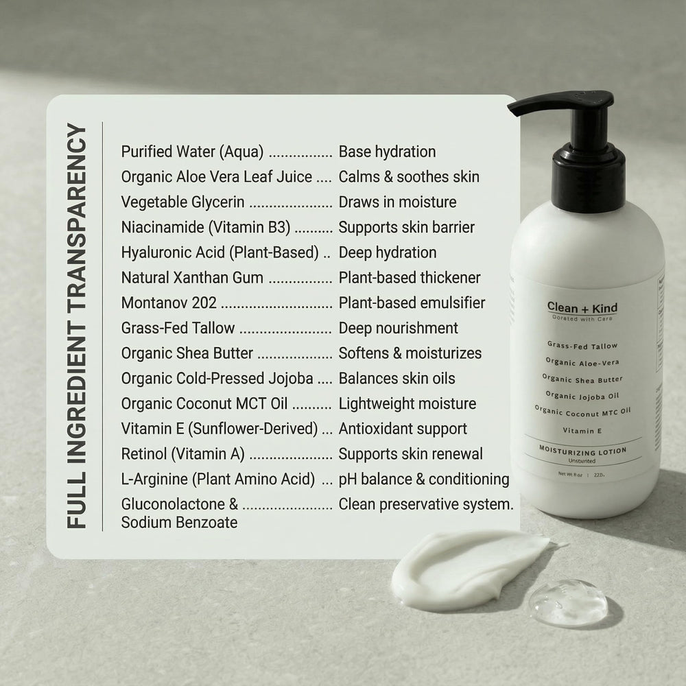 Étiquette sans parfum Clean + Kind, idéal pour tous types de peau.