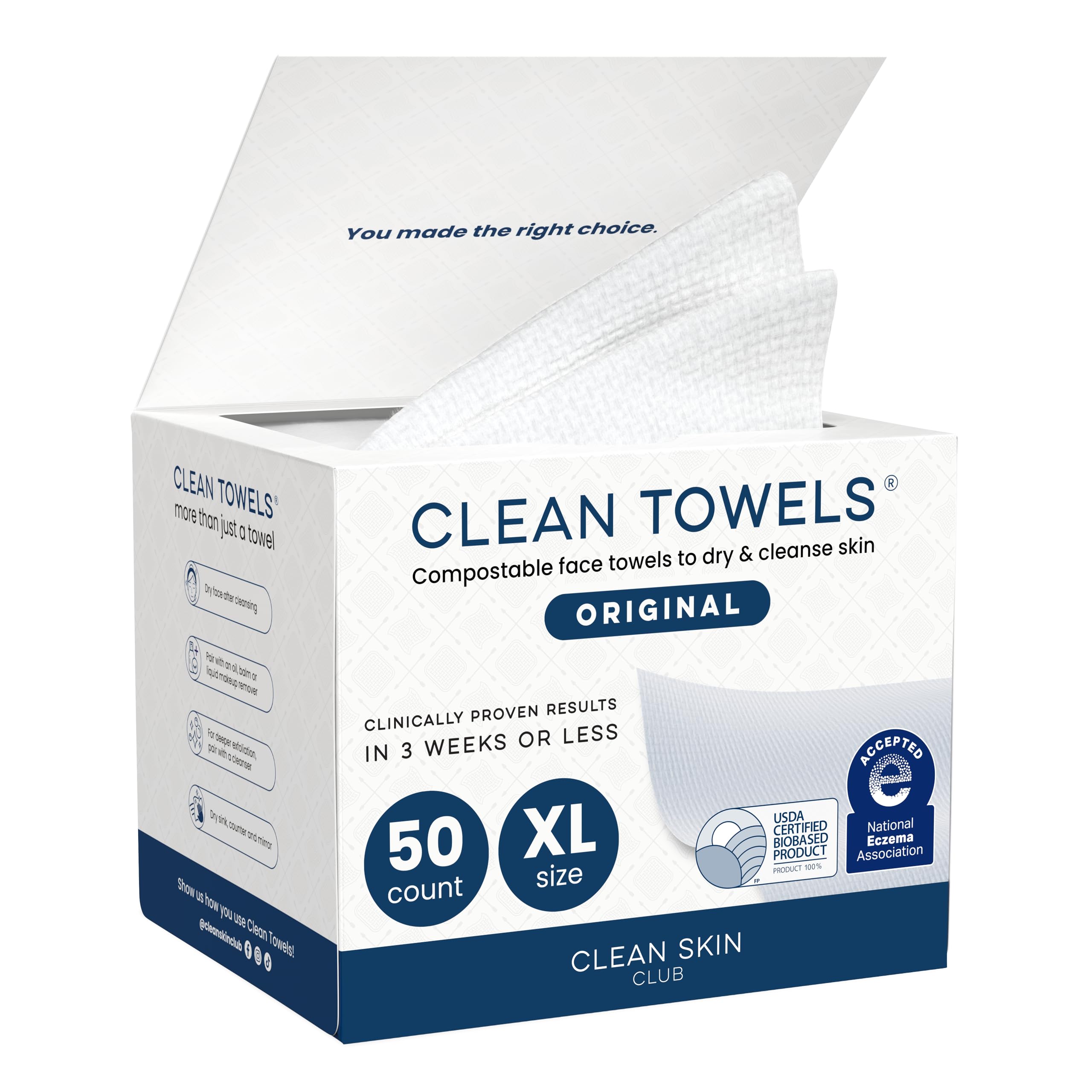 Clean Skin Club Clean Towels XL: ensemble de 50 lingettes visage pour démaquillage en douceur