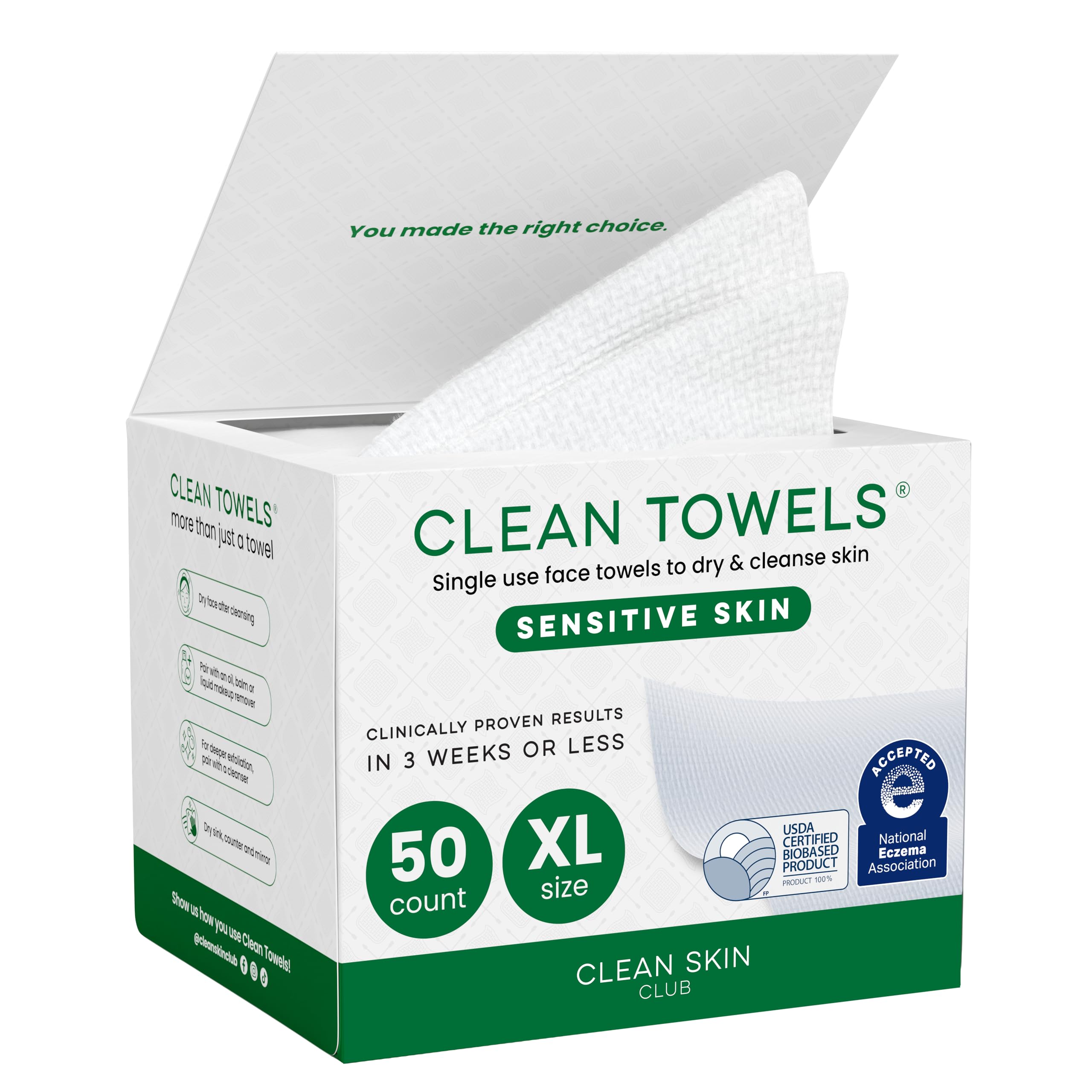 Clean Skin Club – serviettes-visage jetables XL sensibles, douceur adaptée pour peaux réactives.