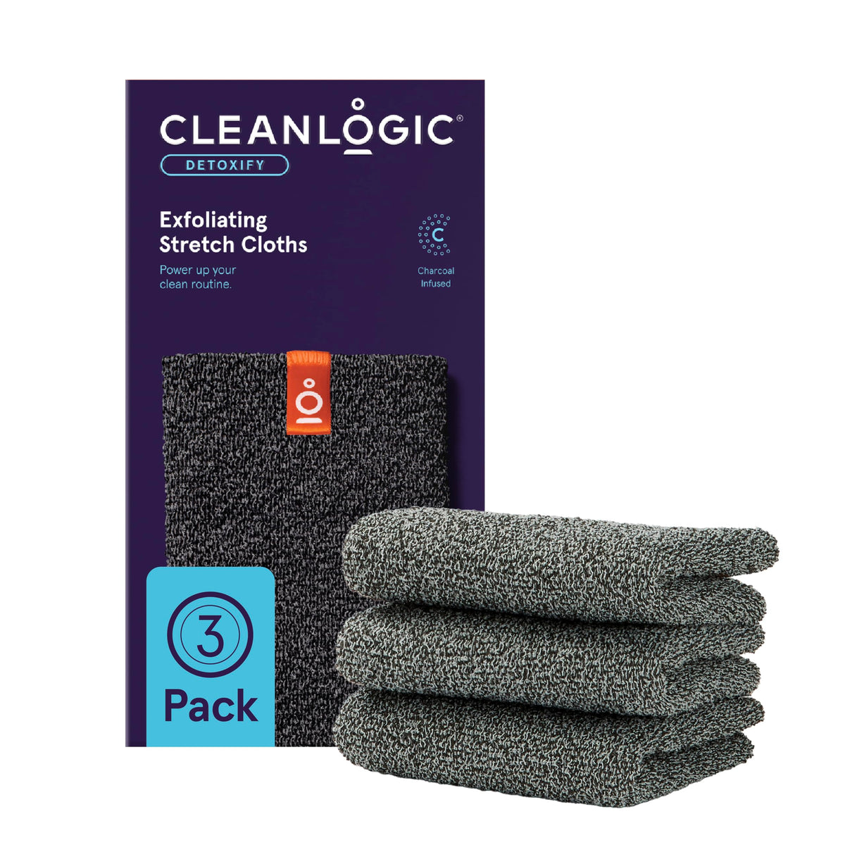Gant exfoliant corporel Cleanlogic montrant texture charbon detox pour une exfoliation en douceur.