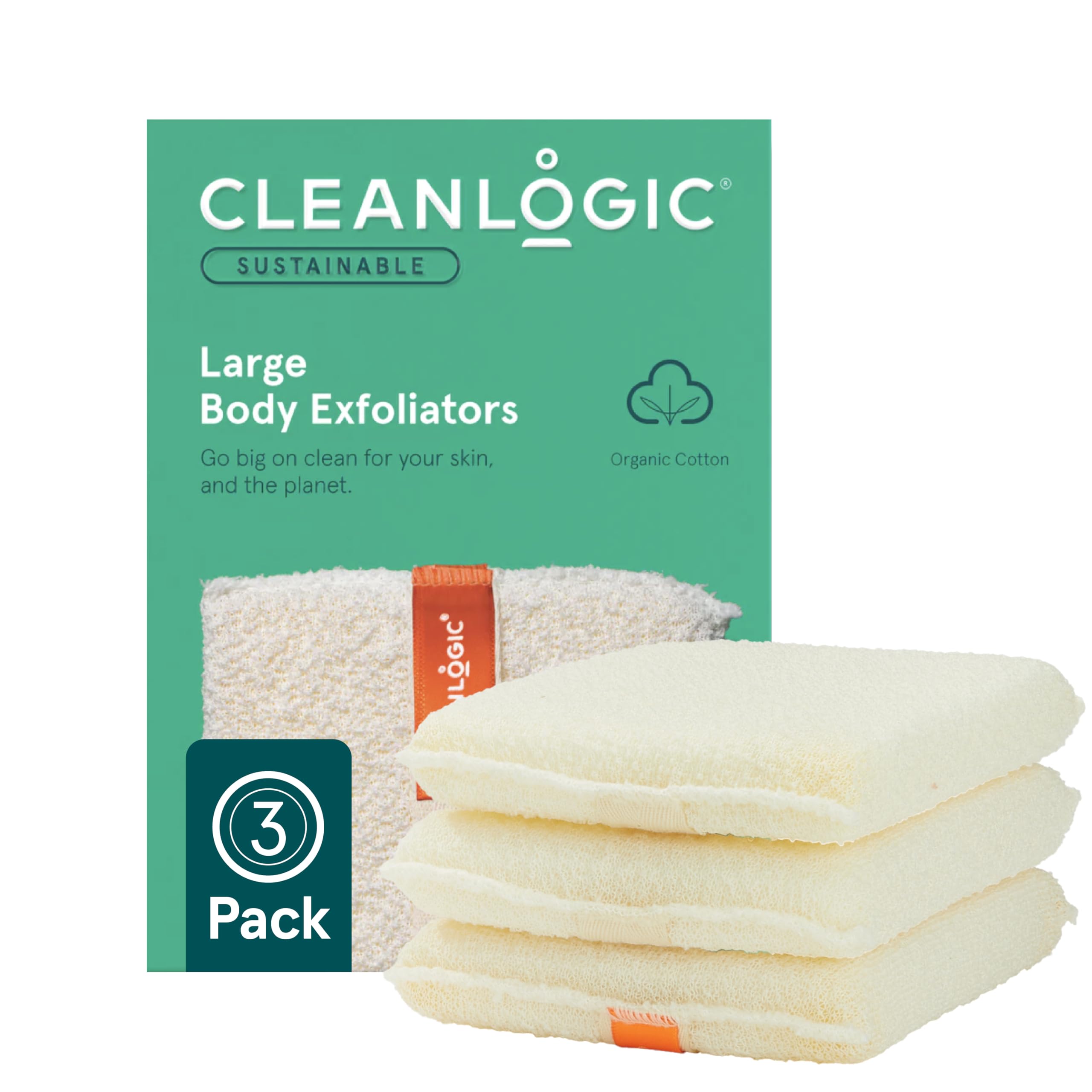 Gant exfoliant Cleanlogic en coton biologique, pack de 3 pour peau plus lisse.