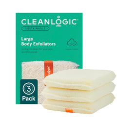 Gant exfoliant Cleanlogic en coton biologique, pack de 3 pour peau plus lisse.