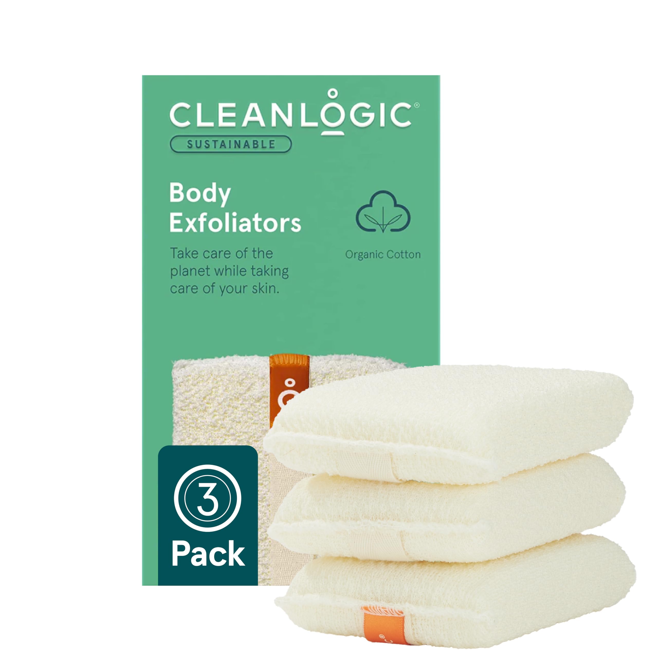Gant exfoliant Cleanlogic en coton biologique, pack de 3, usage quotidien pour peau nette.