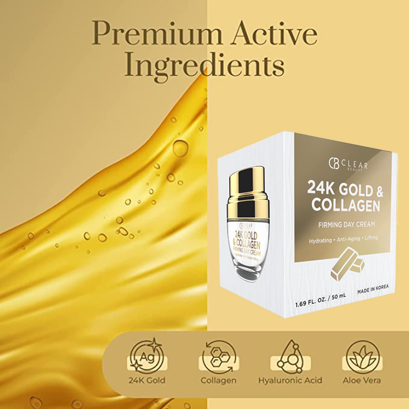 Clear Beauty Crème Jour 24K Or et Collagène – application matin facile