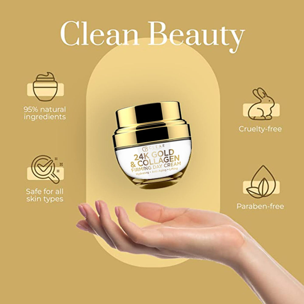 Clear Beauty Crème Jour 24K Or et Collagène – or 24K, collagène, glycerine végétale, karité