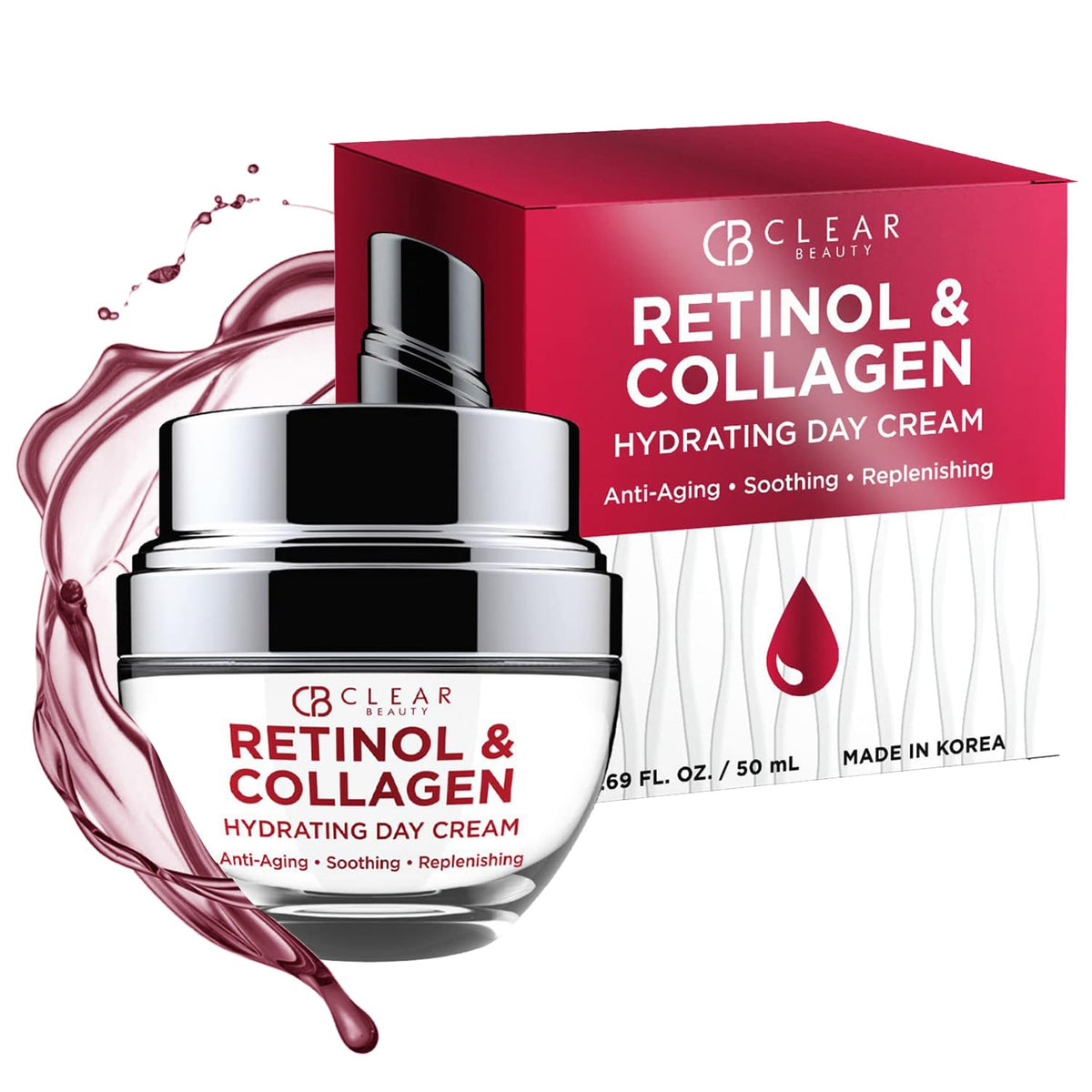 Clear Beauty Retinol et Collagène – flacon visible et soin hydratant léger.