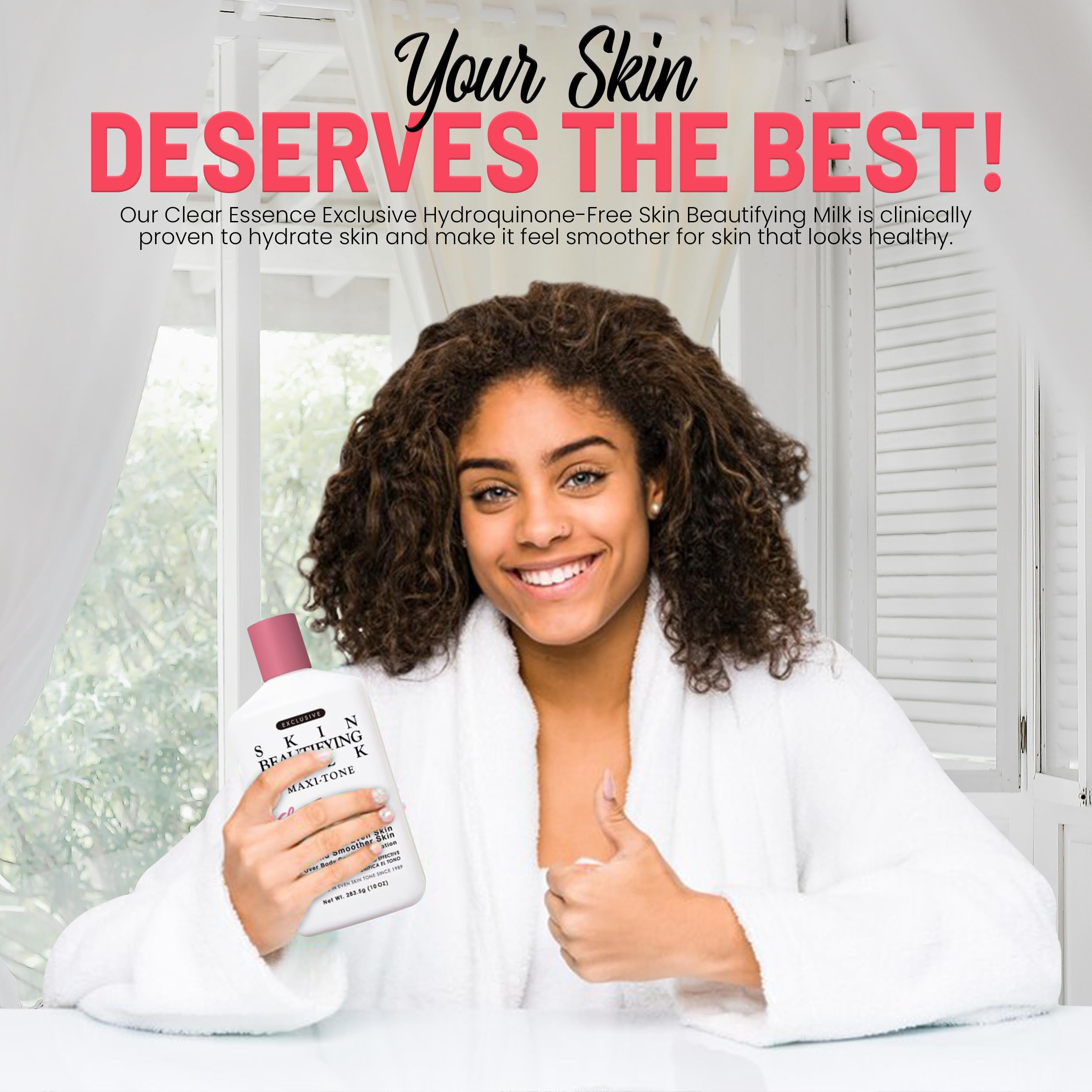 Application du lait Clear Essence Maxi-tone sur la peau avec pompe.