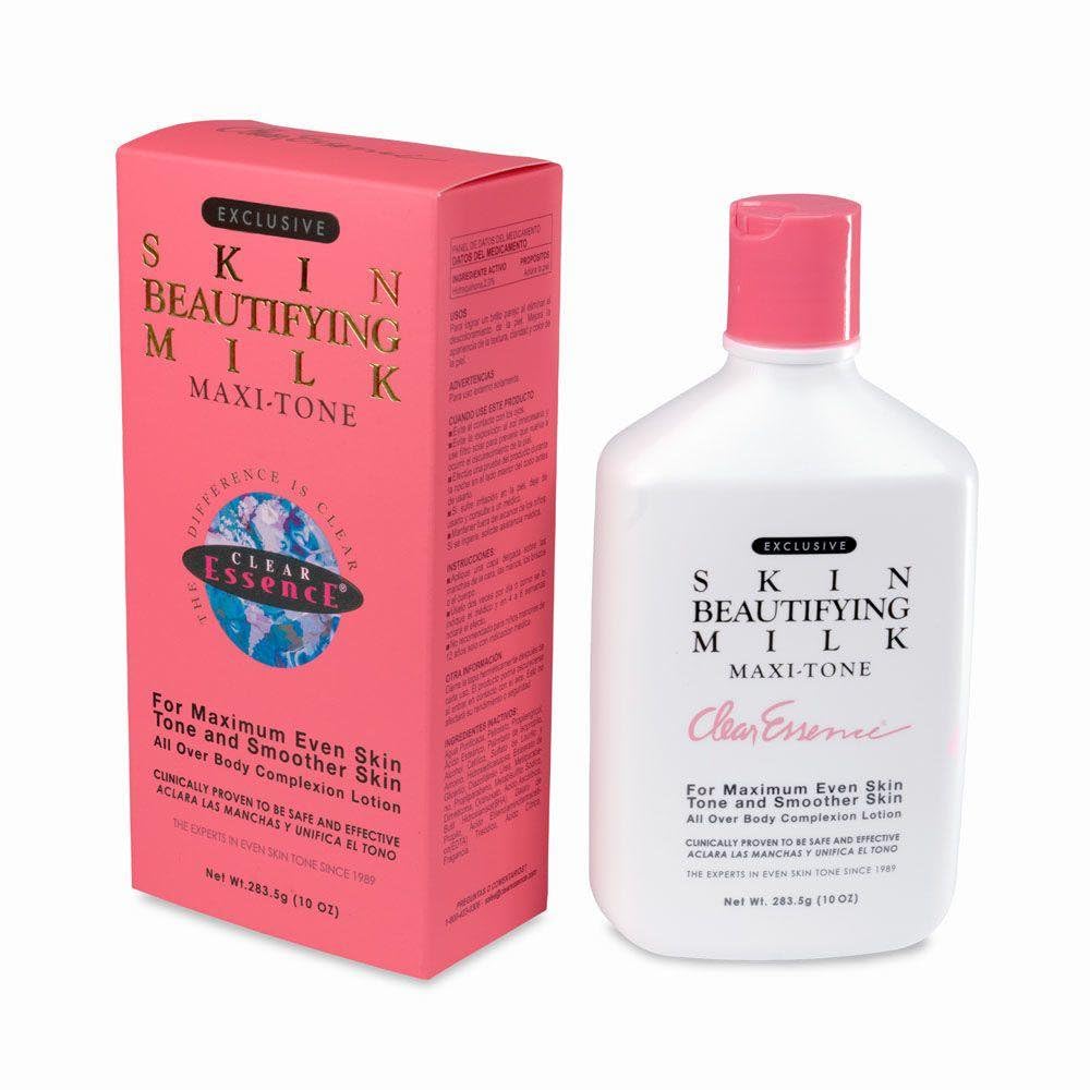 Lait beautifiant Clear Essence Maxi-tone en bouteille avec pompe, hydratation quotidienne.